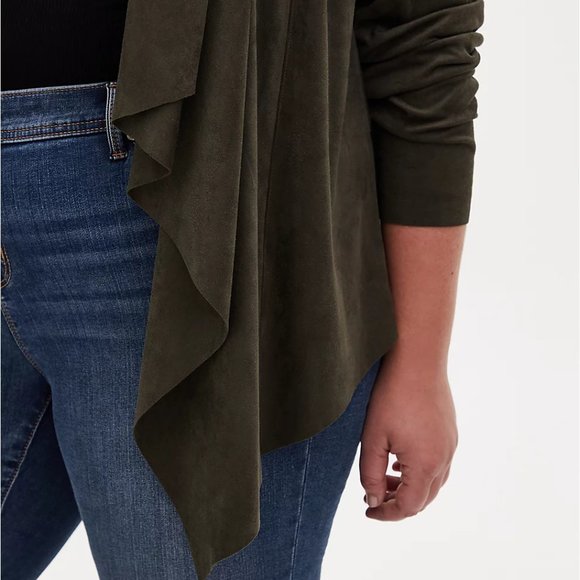Torrid 3 Olive Green Faux Suede Drape Front Jacket - Picture 4 of 5